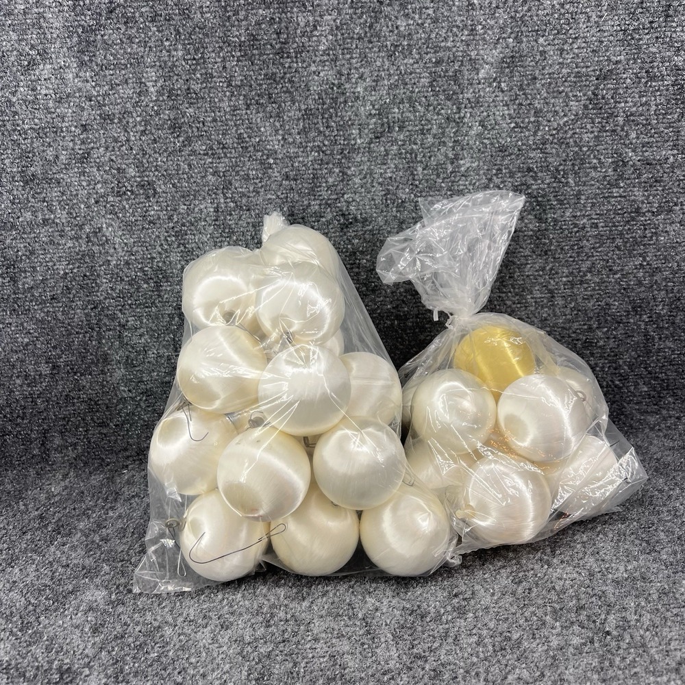 Vintage 28 Unbreakable White Shiny Satin Silk 2.5" Christmas Ornaments + 2 Gold